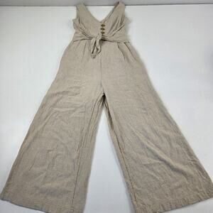 Maeve Anthropologie Jumpsuit Womens 0 Beige Linen Wide Leg V Neck‎ Tie Waist